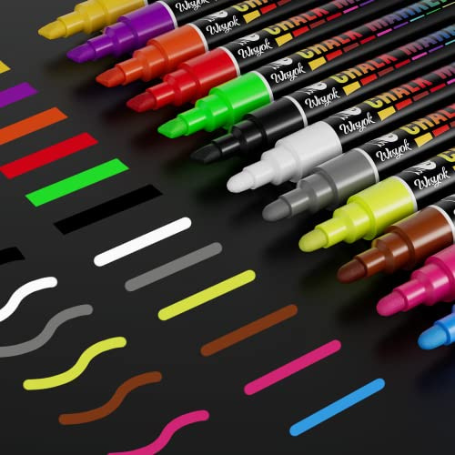WISYOK 12pcs Feutres Pour Tableau Blanc, Marqueur Essuyable à Sec et Humide, Stylos à Craie, Marquer Pour Vitres, Marqueur Craie Double Pointe Pour Tableaux Blancs 6mm - 12 Couleurs Assorties
