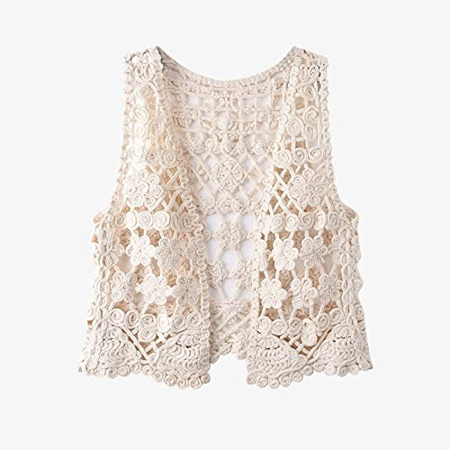 LCDIUDIU Gilet sans Manches Femme,Fleur pour Femme Crochet Gilet Vintage Beige Col en V Losange Creux sans Manches Ouvert Avant Court Gilet Châle Cardigan Tricot Boho Hippie Gilet Chemisier Été Bikin