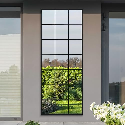 MirrorOutlet The Genestra - Black Modern Window Full Length Garden Wall Mirror 79 X 31 (200CM X 80CM) Silver Mirror Glass with Black Metal Frame.