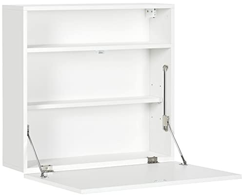 HOMCOM Mesa Plegable de Pared Moderno Escritorio Flotante Multifuncional con Estantes de Almacenamiento Carga 40 kg para Dormitorio Salón Oficina 64x20x60 cm Blanco