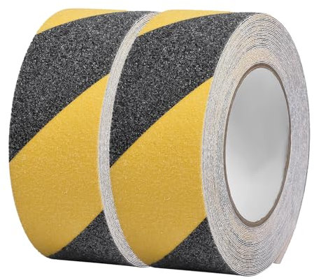Funnytek halkfri tejp, 5 cm x 10 m, trappa halkfria remsor med självhäftande halkfri tejp, stark självhäftande säkerhet för golvbeläggning inomhus och utomhus, 2 rullar svart-gul