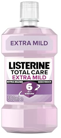 LISTERINE Total Extra Mild (500 ml), schützende Mundspülung ohne Alkohol gegen Karies mit 6 in 1 Wirkung, antibakterielles Mundwasser schützt vor Zahnfleischproblemen, bis zu 24h frischer Atem