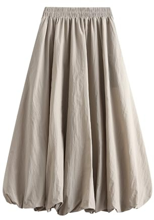 WERNZATT Bubble Maxi Skirt for Women Y2K Elastic High Waist Balloon Long Skirts Pleated Flowy A Line Ruffle Hem Puff Midi Skirts Going Out Streetwear (Khaki, ONE Size)