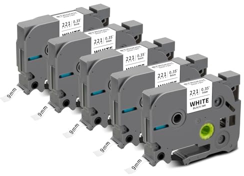5x Kompatibel für Brother P-Touch Bänder 9mm TZe-221 TZ-221 Ub-221 Etikettenband für P-Touch Brother Beschriftungsgerät PT-1010 D400 H105 H100R H107 H100LB D200 1000, Schwarz auf Weiß Schriftbänder