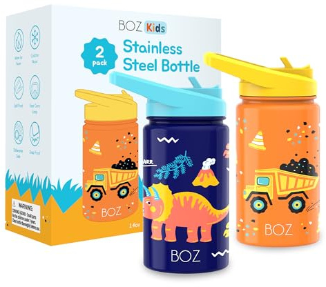 BOZ Isolierte Wasserflasche für Kinder, mit Strohhalm-Deckel, Doppelpack, Konstruktion/Dinos aus Edelstahl, 414 ml, kratzfest und Tragegriff, spülmaschinenfest
