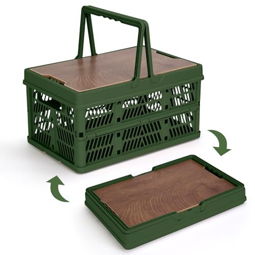 Yummy Sam Collapsible Storage Bin with Wooden Lid & Handle, 18L Plastic Crate, Picnic Basket for Camping, for Outdoor & Travel, Green