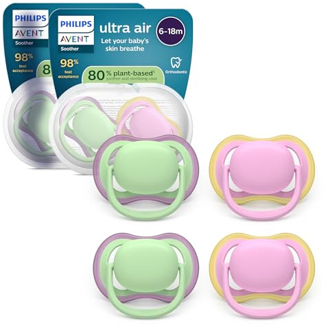 Philips Avent Sucettes ultra air - Tétines orthodontiques, pour bébés de 6 à 18 mois, en silicone souple d'origine végétale, sans BPA, avec 2 étuis de stérilisation, lot de 4, SCF087/25