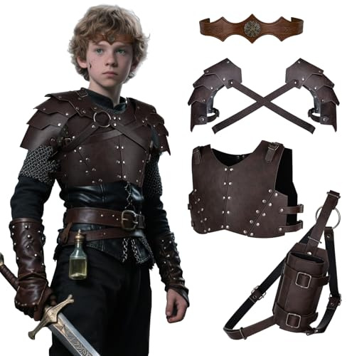 HiiFeuer 4 PCs Medieval Faux Leather Armor Set for Kids, Double Shoulder Armor Vest Chest Armour Back Sword Frog Headpiece (Brown A)