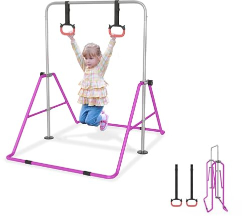UISEBRT Barra de gimnasia ajustable para niños, plegable, altura ajustable de 91 a 133 cm, carga máxima de 140 libras, barra de gimnasia en interiores para niños, ideal para 3-8 años, color morado