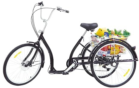 Mqwdxzfes 26 tums trehjuling för vuxna, 6-växlad vuxen cykel med skivbroms och bakre korg, 3 hjul trehjuling cykel, shopping trehjuling stadshjul för äldre kvinnor män utomhus (svart)
