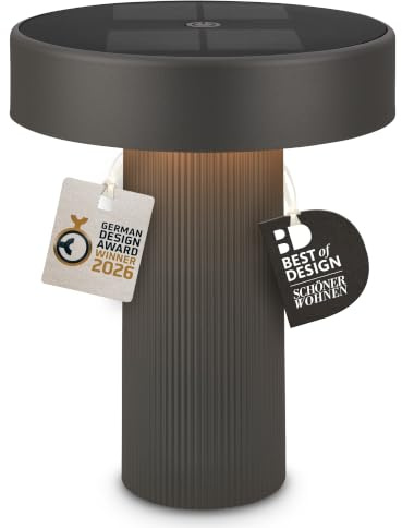 BRILONER – Poga laddningsbar LED-bord, solpanel, steglös pekdimmer, IP44, USB-C, nattlampa, batterilampa, tysk designprisvinnare 2026, 16 x 20 cm, antracit