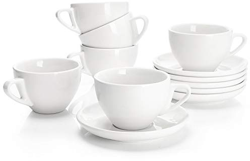 Sweese 6 Ounce Cappuccino Cups with Saucers, Porcelain Double Espresso Cups Set of 6 - White