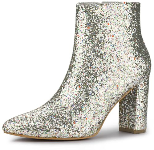 Allegra K Glitzernde Damen-Stiefeletten mit spitzer Zehenpartie und klobigem Absatz Silber 38.5