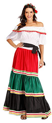 ReneeCho Women's Mexican Dress Halloween Costume Adult Traditional Senorita Blouse Dance Skirt Multicoloured