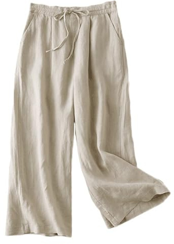 FTCayanz Pantalon Femme Lin Jambe Large Casual Léger Pantalon Palazzo avec Cordon de Serrage Beige XL