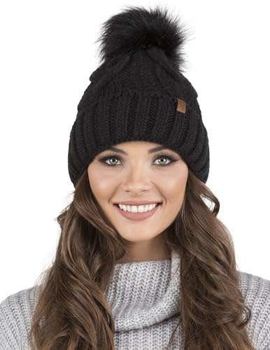 Vivisence Cappello Invernale da Donna con Pompon Fodera in Pile Soffice Filato Caldo E Morbido Elastico E Confortevole Design Elegante Ideale per Giornate Fredde, Nero,Taglia Unica