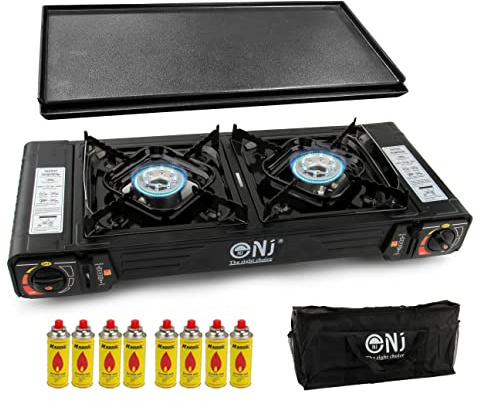 NJ DS-22 Double Camping Gas Stove 2 Burner Portable Cooker Carry Bag Butane BBQ Outdoor + Grill Plate (Stove + GRILL + 8 Canisters)