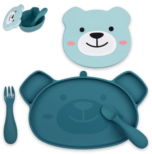 TUM TUM Baby Geschirrset - Babyteller mit Saugnapf, Breischale und Esslernbesteck, 6m+ Boris Bär, Blau