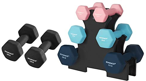 SONGMICS Hanteln, Hantelset 2 x 5 kg, Kurzhanteln mit Hantelständer 2 x 1 kg, 2 x 2 kg, 2 x 3 kg, Krafttraining, zu Hause, im Büro, Fitnessstudio, schwarz, rosa, aquamarin und blau SYL60MK