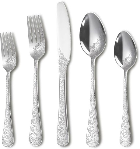 Runfly Vintage Carved Floral Silver Silverware Set for 4, Stainless Steel 20-Piece Flatware Set with Knife/Fork/Spoon, Cutlery Set for Home and Kitchen, Modern Utensil Set