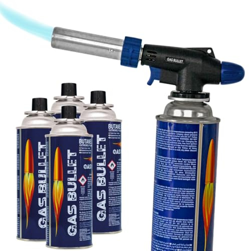 Gas Bullet ® Lötbrenner 360° für Unkrautbrennen, Löten, Flambieren, DIY Projekte | geeignet für Bajonett Ventil Kartuschen (227g) | Schweißbrenner, Bunsenbrenner (Lötbrenner + 4 Kartuschen)