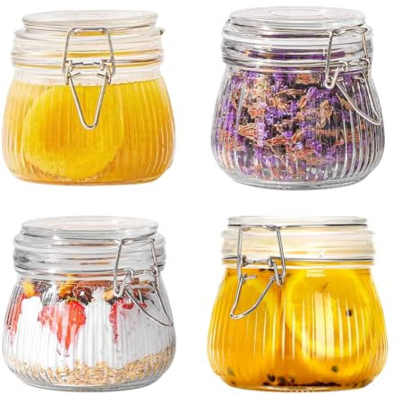 LOMUG Lot de 4 bocaux à confiture avec fermeture à étrier - 500 ml - Bocaux à fermentation rayés - Bocaux de conservation avec couvercles hermétiques - Bocaux à étrier métallique - Pour cuisine,