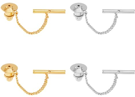 SUPERFINDINGS 4Pcs 2 Colors Tie Tack for Men Necktie Pin with Chai Brass Tie Pin with Chain Golden Flower Tie Tack Clutch for Wedding Birthday Anniversary Business Accessory Party
