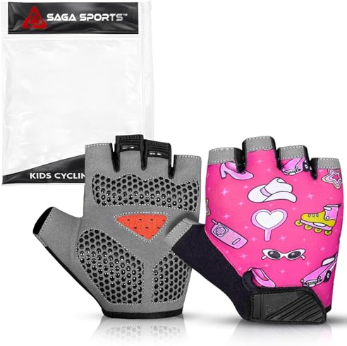 SAGA SPORTS Half Finger Kids Cycling Gloves| Non-Slip, Padded, Antislip, Fingerless Kids Bike Gloves for Boys and Girls | Ideal for BMX, MTB, Gymnastics (Hot Pink, Medium [6-8])