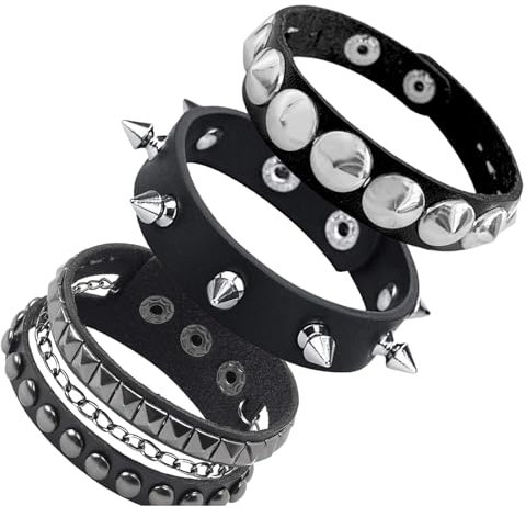 Lilbitty 3 Stück Schwarzes Punk Nietenarmband Set, Verstellbare Lederarmbänder für Damen und Herren, Rock Emo Grunge Accessoires, Halloween Schmuck für Party und Alltag