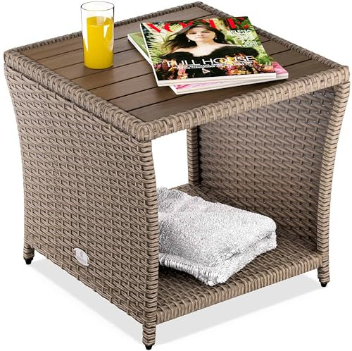 Casaria® Beistelltisch Creme Wetterfest Klein Holz Polyrattan Akazie 45x45x40cm 80kg Belastbarkeit Outdoor Tisch Gartentisch Balkontisch Gartenmöbel