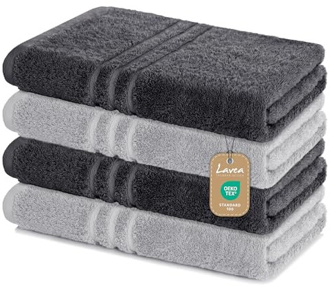 Lavea Duschtücher 4er Set – 70x140 cm – 100% Baumwolle – Weiche & Saugfähige Frottee Handtücher – 500 g/m² – Einfarbig & Zweifarbig – ÖKO-TEX Zertifiziert – Waschbar bis 60°C - Anthrazit & Silber