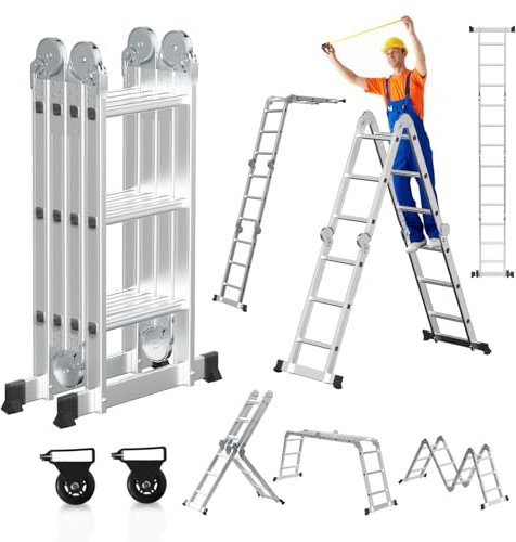 Joparri Scala multiuso 4 x 3, 360 cm, 7 in 1, in alluminio, con 2 piattaforme e 2 ruote per il trasporto fino a 150 kg, scala multiuso pieghevole