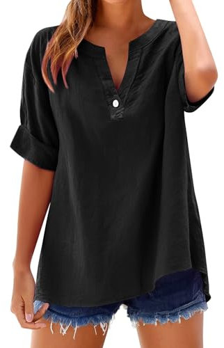 Générique Deals+ Chemisier Femme Chic et élé Chemise Femme Lin T-Shirt Manches Longues Col V Bouton Tshirt Couleur Unie Lâche Respirant Coton Lin Tunique Grande Taille Tops Pas Cher