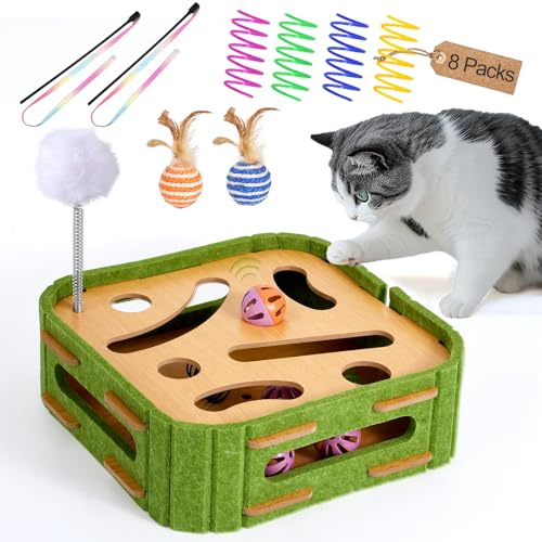 GLYVIAN Cat Puzzle Box Toy for Indoor Cats Boredom Relief Interactive Wooden Cat Enrichment Maze with Jingle Balls, Feather Wands & Spiral Springs, Slow Feeder Treat Dispenser for Kittens & Adult Cats