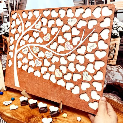 Neamon Libro degli ospiti per matrimonio, in legno, a forma di cuore, in alternativa, per compleanno, battesimo, laurea, decorazione in legno, puzzle con 83 cuori in legno, 1 personaggio (arancione)