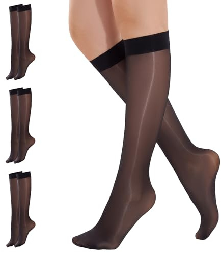 Yilanmy 3 Pairs Knee High Pop Socks Women 40D Glossy Shiny Shimmer Sheer Nylon Stockings Wide Calf One Size（Black*3）