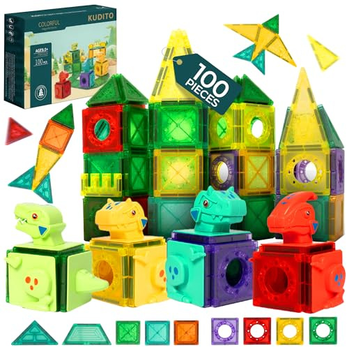 KUDITO 100 Piezas Magneticas para Niños – Bloques Magnéticos de Construcción con Figuras de Dinosaurios y Tiranosaurio Rex – Juego Imanes Niños 3 a 8 Años, Estimula Creatividad sin Pantallas