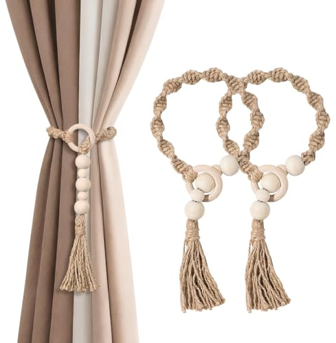 KaiLiDa Macrame Curtain Tiebacks with Wooden Beads, Jute Rope Boho Holdbacks with Tassels, Natural Beige, 2-Pcs
