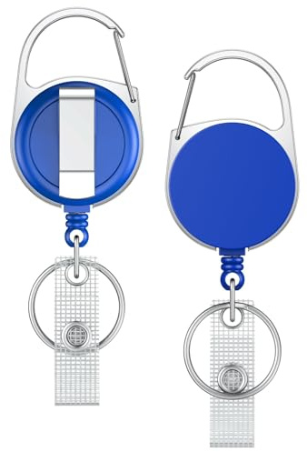 Uniclife 2-pack infällbar nyckelring, infällbar bricka rulle, slitstark bricka hållare klämma för nycklar och ID-kort, svart nyckelkedja förlängare med karbinhake bältesklämma och nyckelring, blå