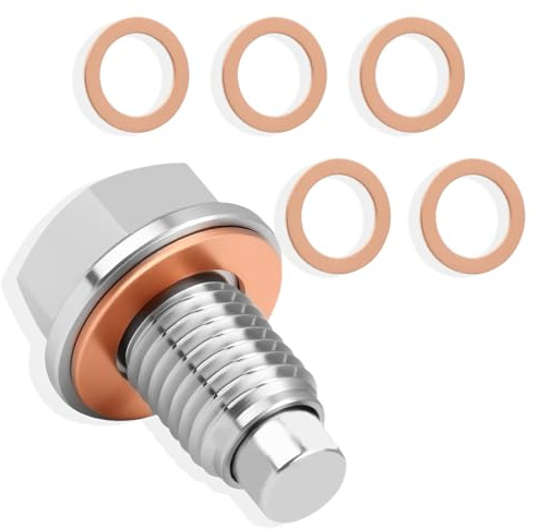 fKiZanthene Magnetic Oil Drain Plug M12 x 1.5 Stainless Steel Sump Plug with 5 Copper Washers for Car and Motorcycle Oil Change