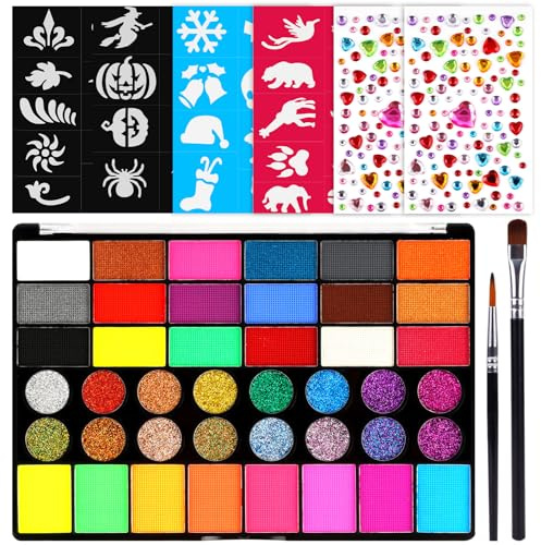 Alaoo Peinture Corporelle pour Le Visage, Peinture Visage 40 Couleurs, Palette de Maquillage pour Enfants, Fard Gras Longue Durée Sécurité Pour Halloween Noël Carnaval Soirées à Thème