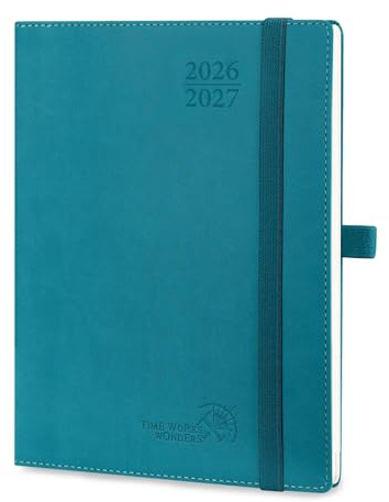POPRUN Agenda 2026 2027 Semainier Vertical 22 x 16,5cm,Août 2026-Déc 2027 | 17 Mois Planner Scolaire - Couverture Souple en PU Cuir,Intervalles de 30 minutes,Papier 80g/m²,Vert Pacifique