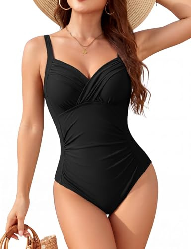 Nadeer Womens One Piece Swimsuit Tummy Control Swimming Costume Ruched Padded Slim Swimwear Vintage V Neck Cross Push Up Bathing Suits Black