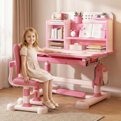 joukares Children Desk and Chair Set, Study Table for Kids, Home School Study Table, Height Adjustable Desk Chair with Drawers, Storage Compartments, Reading/Learning/Writing (Pink)