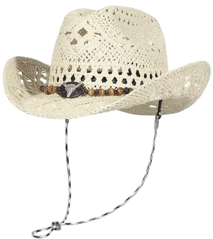 GEMVIE Sombrero de Vaquero Occidental Tejido a Mano con ala Ancha de Paja Panamá Sombrero de Sol para Hombre y Mujer, Sombrero de Playa Bohemio, Beige-H Top, 56-58