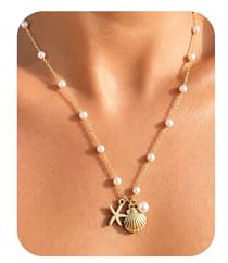 DAI JY Seashell Necklace Beach Starfish Layered Necklaces for Women Non Tarnish Waterproof Gold Necklace Stack Paperclip Shell Pearl Ocean Charm Trendy Summer Vacation Jewelry (Starfish&Shell&Pearl)