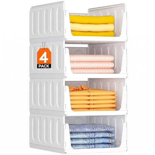 Lifewit Organizador de Armario Ropa, 4 Pack Baldas Apilables Interiores, Cajonera de Almacenaje para Camisetas y Pantalones, Contenedores Extensibles para Baño, Cocina y Camping, 23L, Blanco