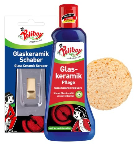 POLIBOY Vårdset för hällar – hällrengörare med brännskydd för glaskeramik och induktion – keramikskrapa för glas, kakel och hällar – med svamp