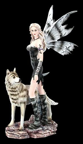 Figuren shop gmbh Elfi Figura Fantasia - Elleth con Lupo Fata, Fairy, Angelo, Figura-Decorativa, Articolo Decorazione, Statua, Scultura, H 27 CM