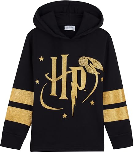 Harry Potter Felpa Cappuccio Bambina, Morbido Hogwarts Felpe con Cappuccio (Nero/Oro, 9-10 Anni)